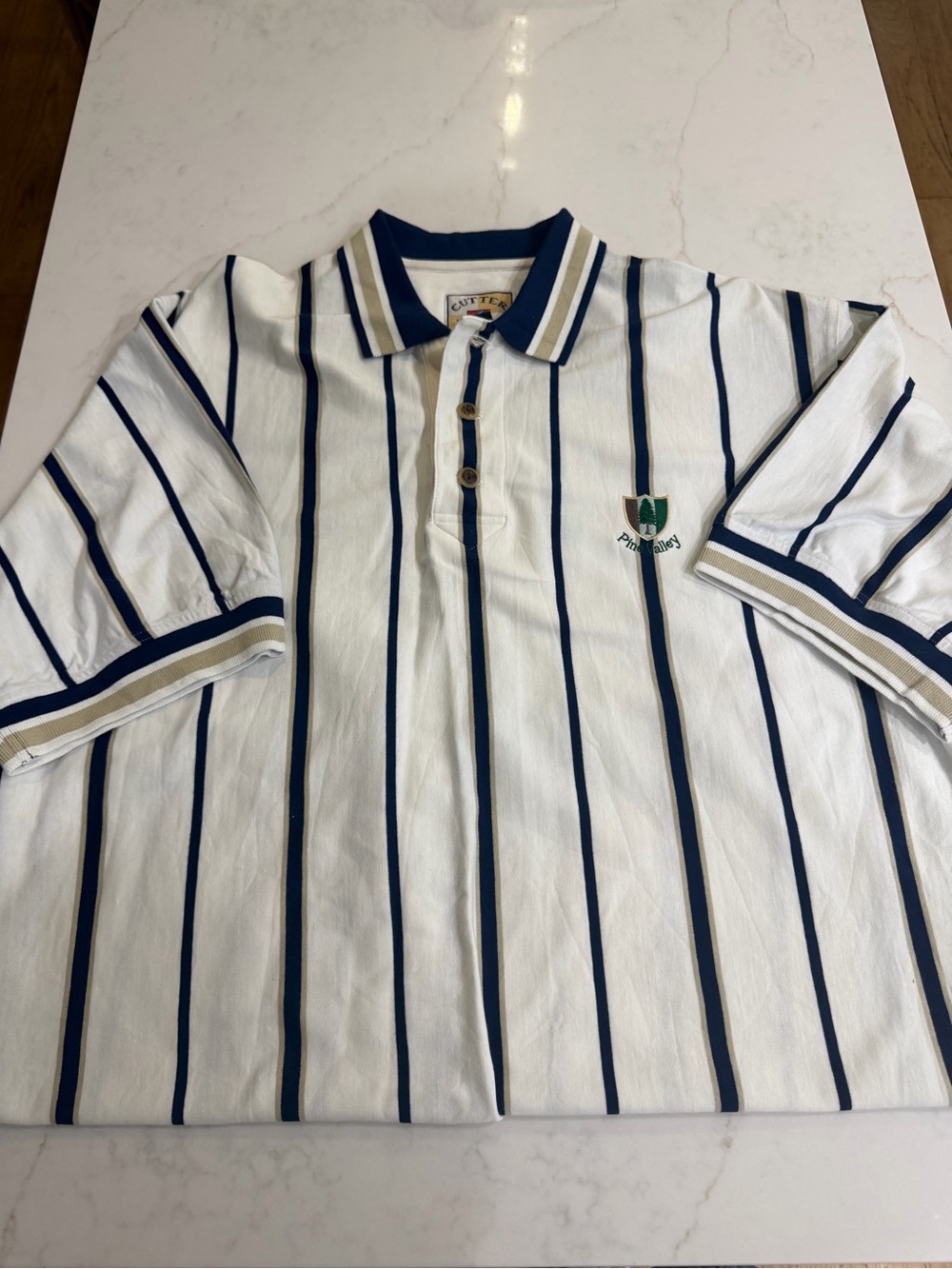 Vintage Pine Valley Cutter & Buck White Polo with navy stripes